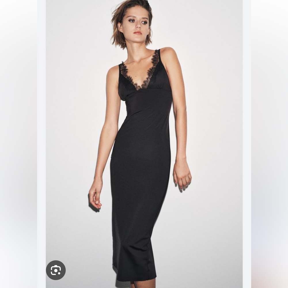 Zara Black Lace-Trim Midi Dress